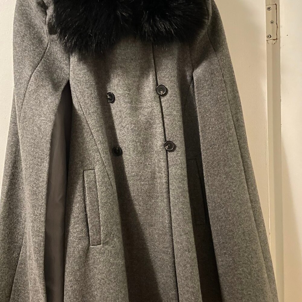Wool Cape with black faux fur trim collar